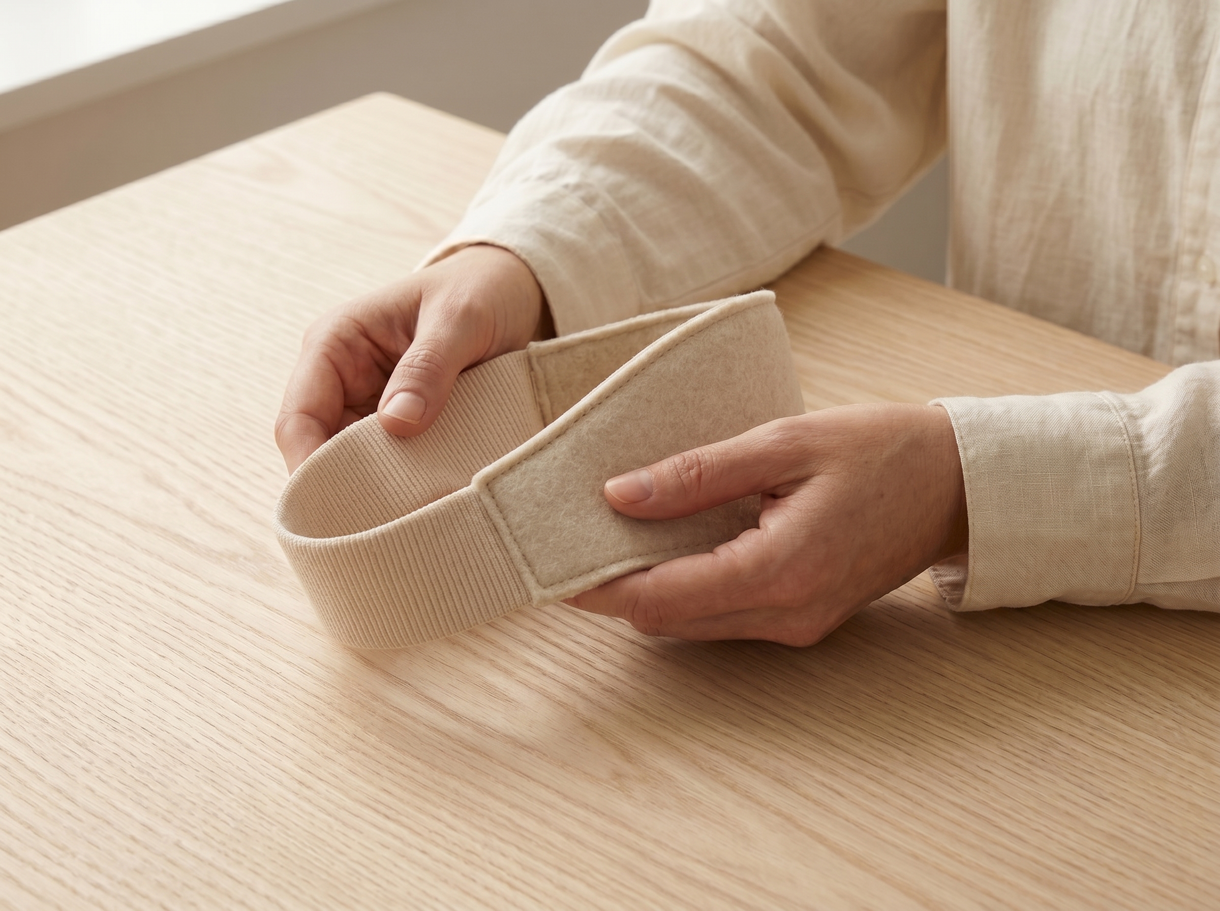 Hands folding the headband on a pale wood table.